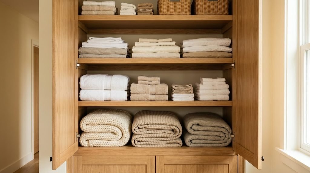 folded blankets stored neatly on the lower shelf of a linen closet