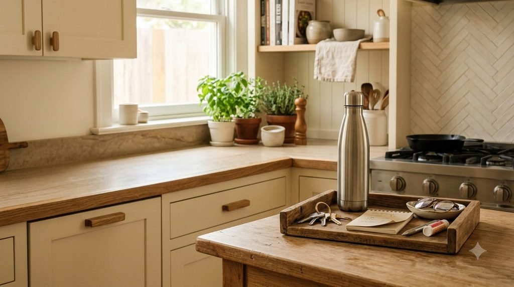 tiered organizer creating extra storage on a small kitchen counter