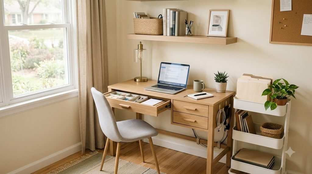 organized small home office with practical space-saving storage solutions