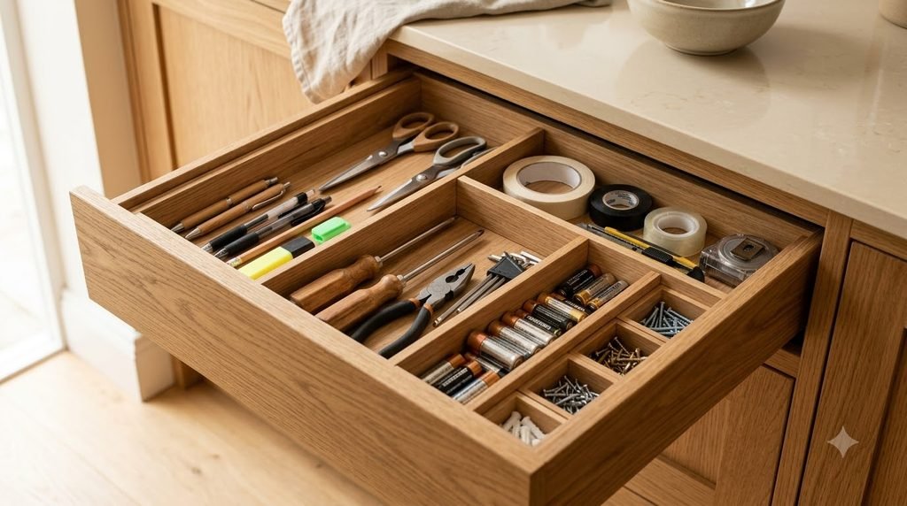 adjustable dividers organizing a kitchen junk drawer