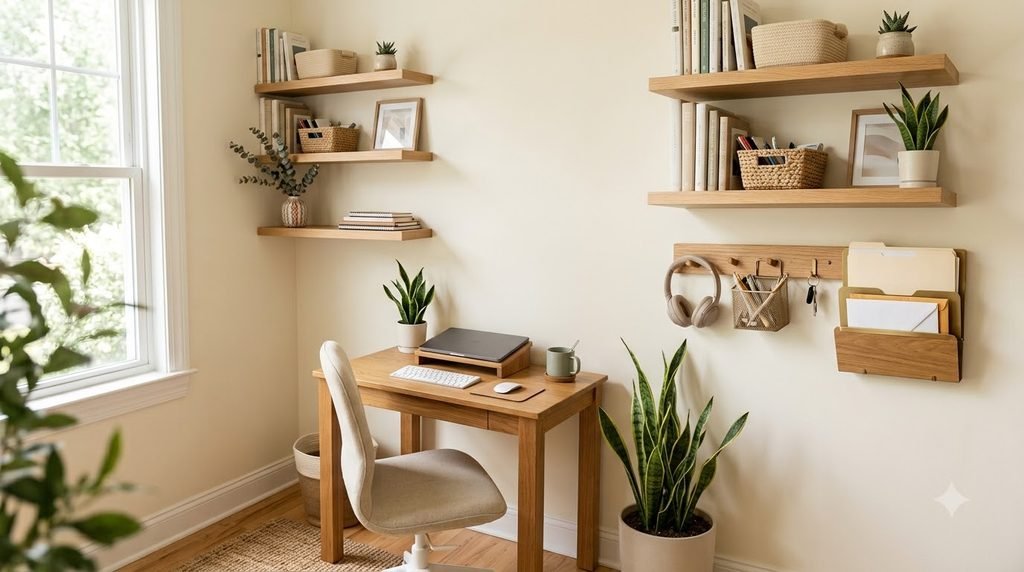 vertical wall storage maximizing space in a small home office