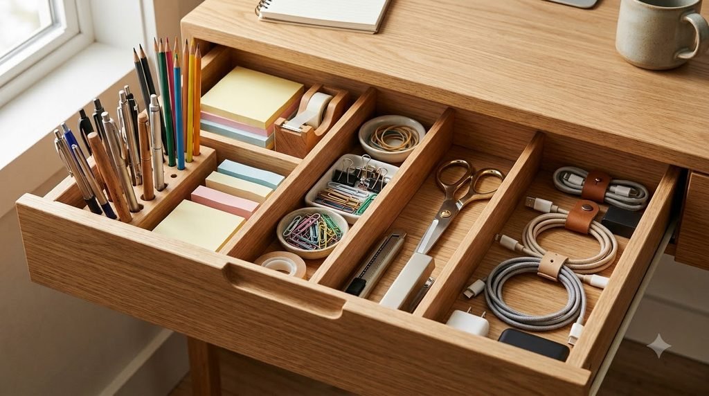 organized small office drawer with adjustable dividers