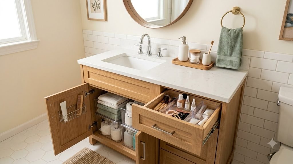 organized small bathroom vanity with clear counter space and practical storage
