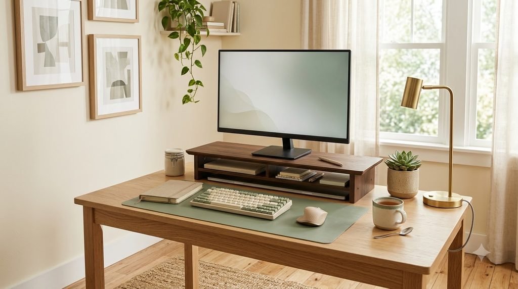 monitor stand creating extra storage space on a small desk