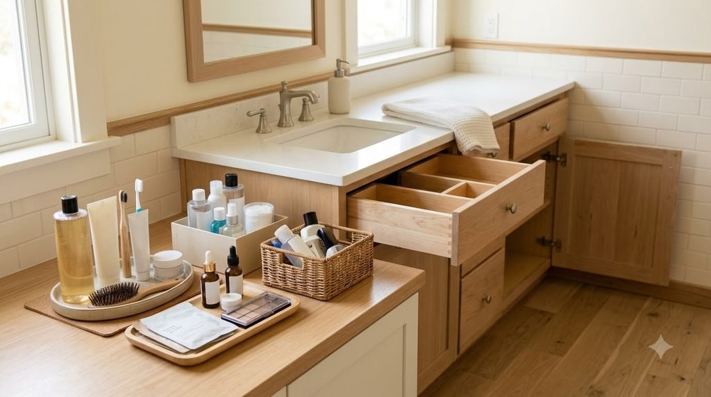 bathroom vanity items sorted before organizing a small space