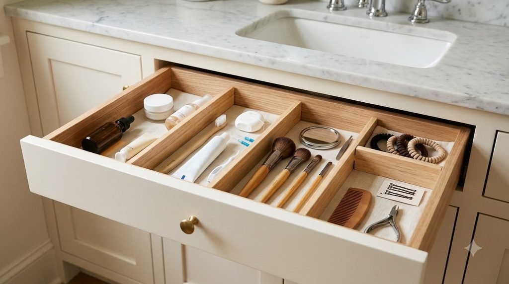 organized bathroom vanity drawer with dividers for everyday toiletries