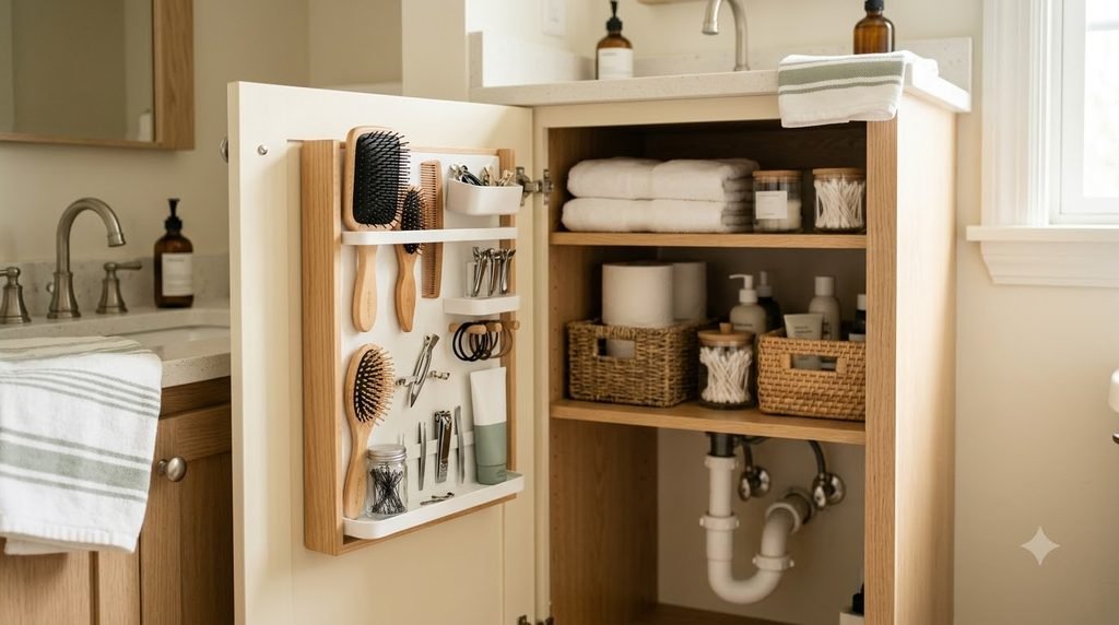 inside bathroom vanity door used for organized accessory storage