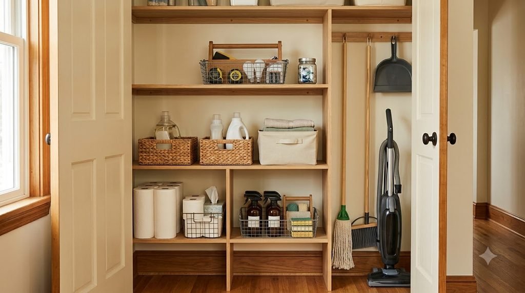 utility closet divided into cleaning laundry and household storage zones