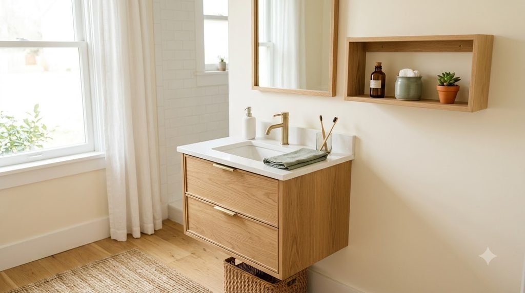 vertical storage used to organize a small bathroom vanity area
