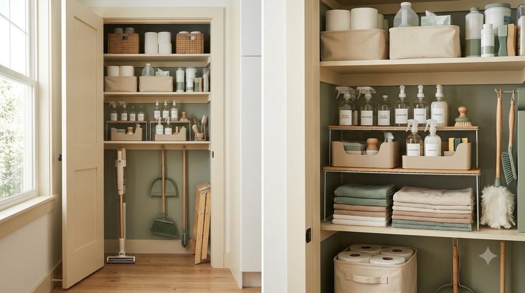vertical storage and shelf risers maximizing utility closet space