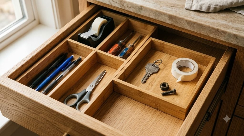 small defined catch-all section inside an organized junk drawer