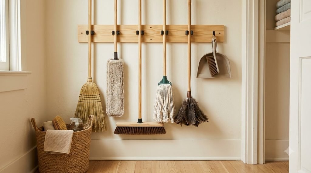 brooms and mops stored vertically in an organized utility closet