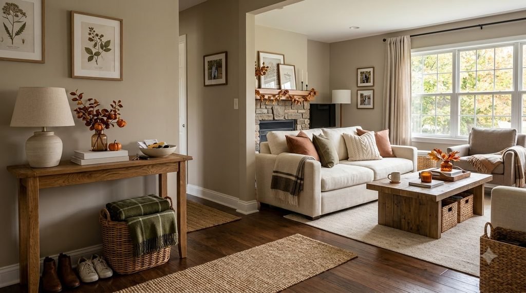 Cozy organized home prepared for fall with seasonal decor and practical storage