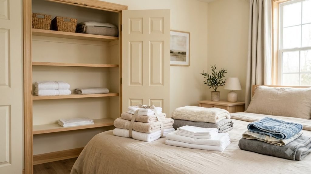 linen closet items sorted before organizing