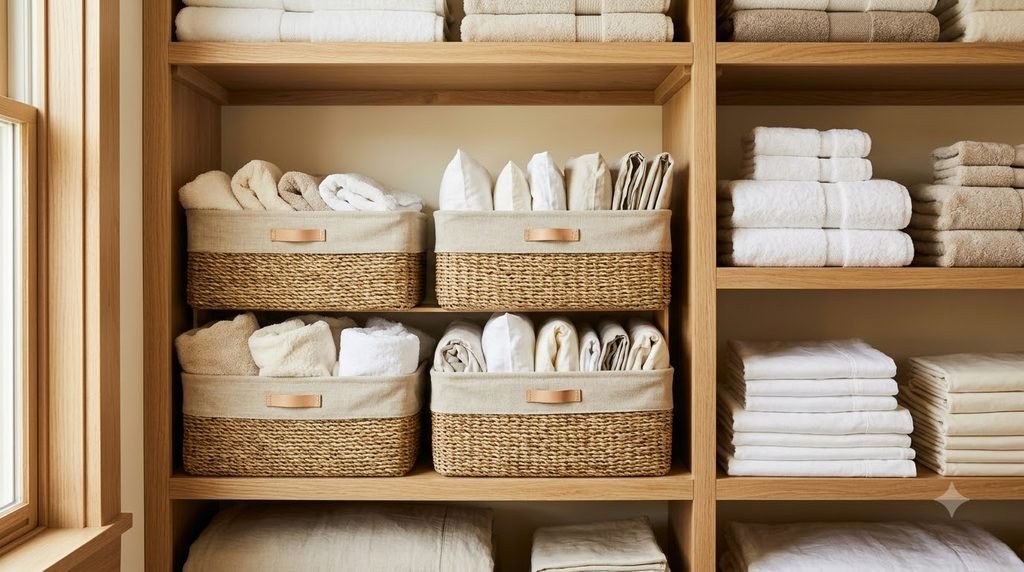 storage bins organizing pillowcases and loose linens in a closet