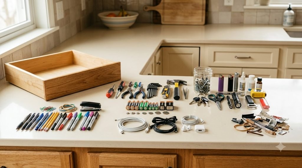 junk drawer contents sorted into categories before organizing
