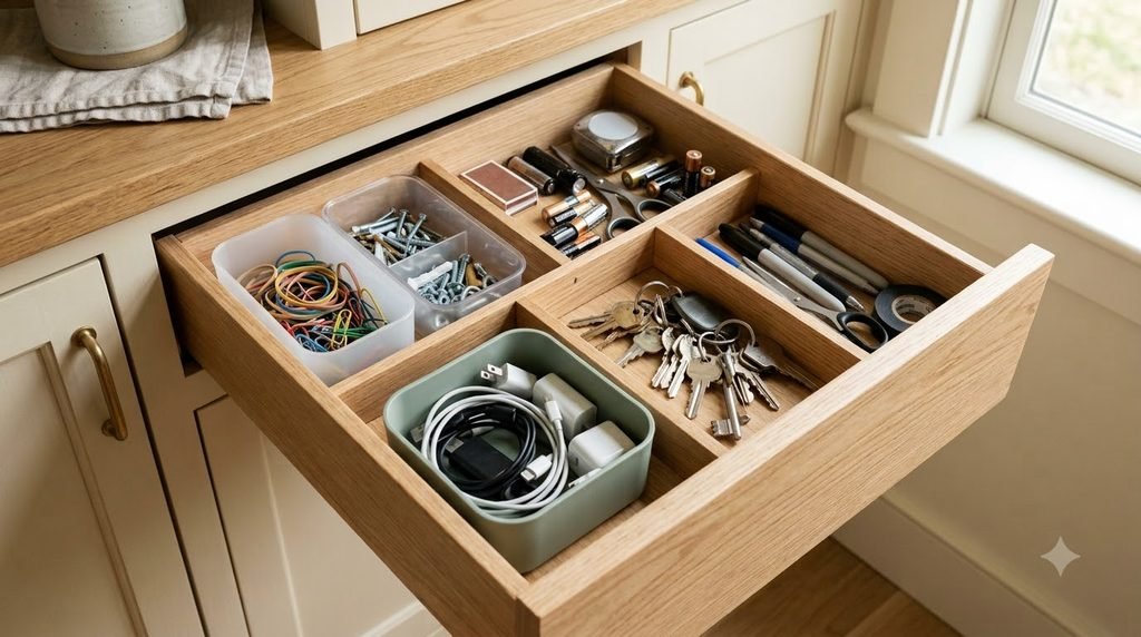 small storage bins containing loose items inside a junk drawer