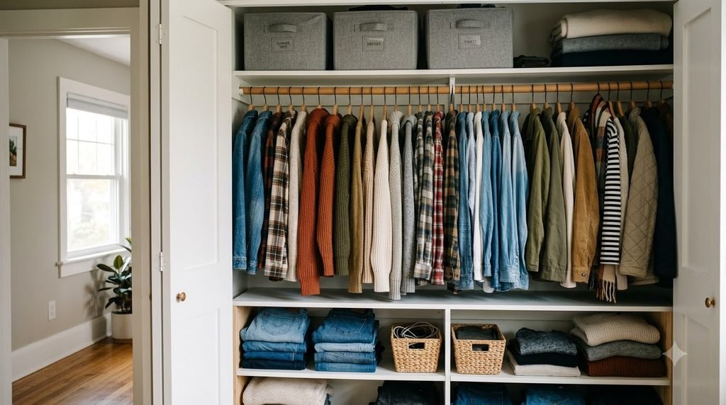 Fall clothing organized in closet with summer clothes stored away