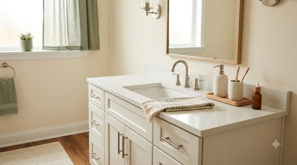 mostly clear bathroom vanity counter with only daily-use essentials