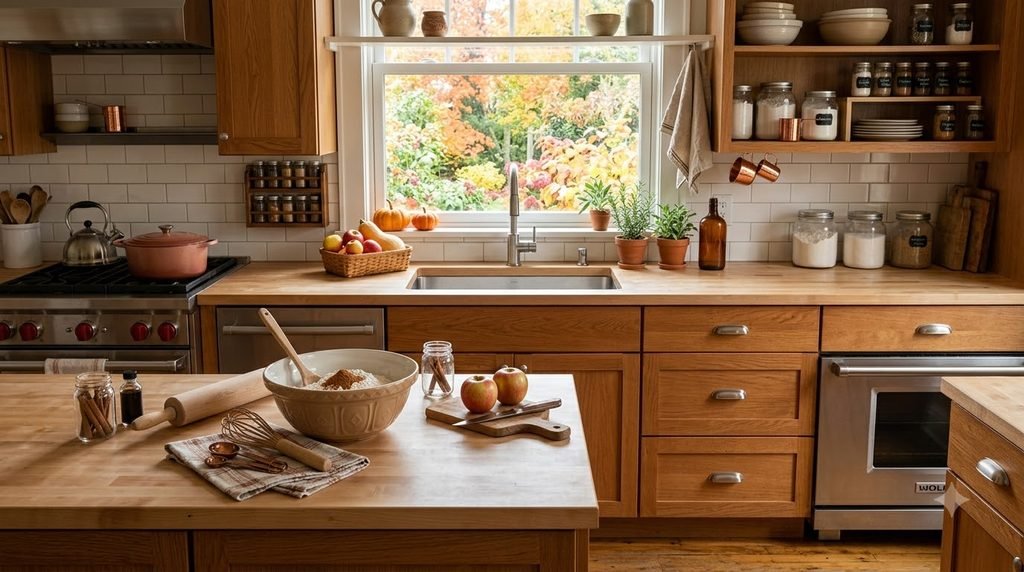 Organized kitchen prepared for fall cooking and baking