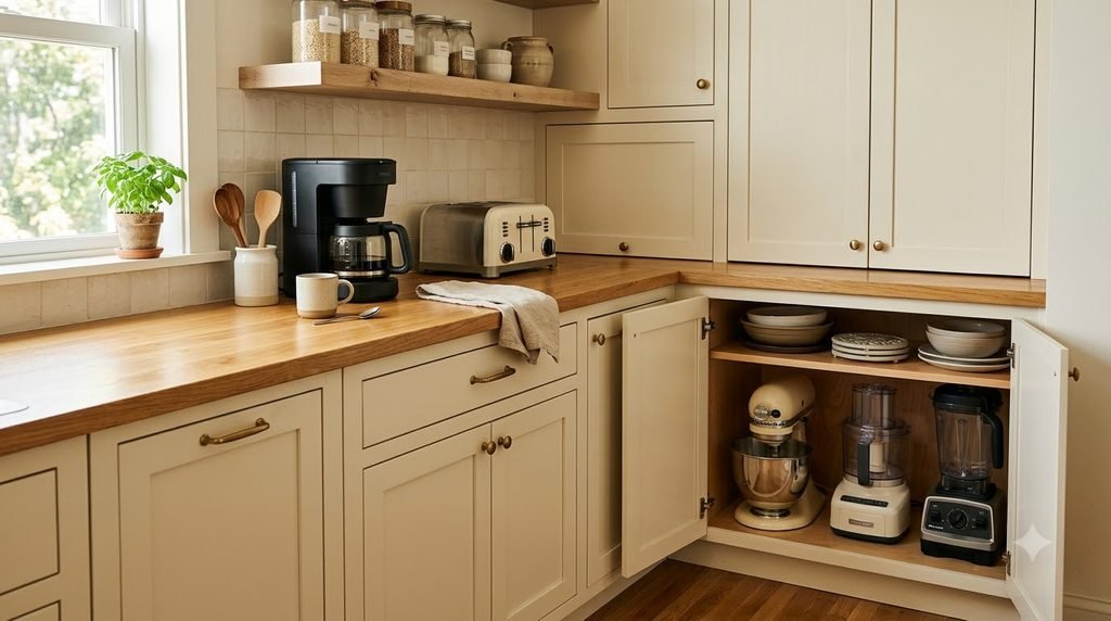 compact coffee station organized on a small kitchen counter