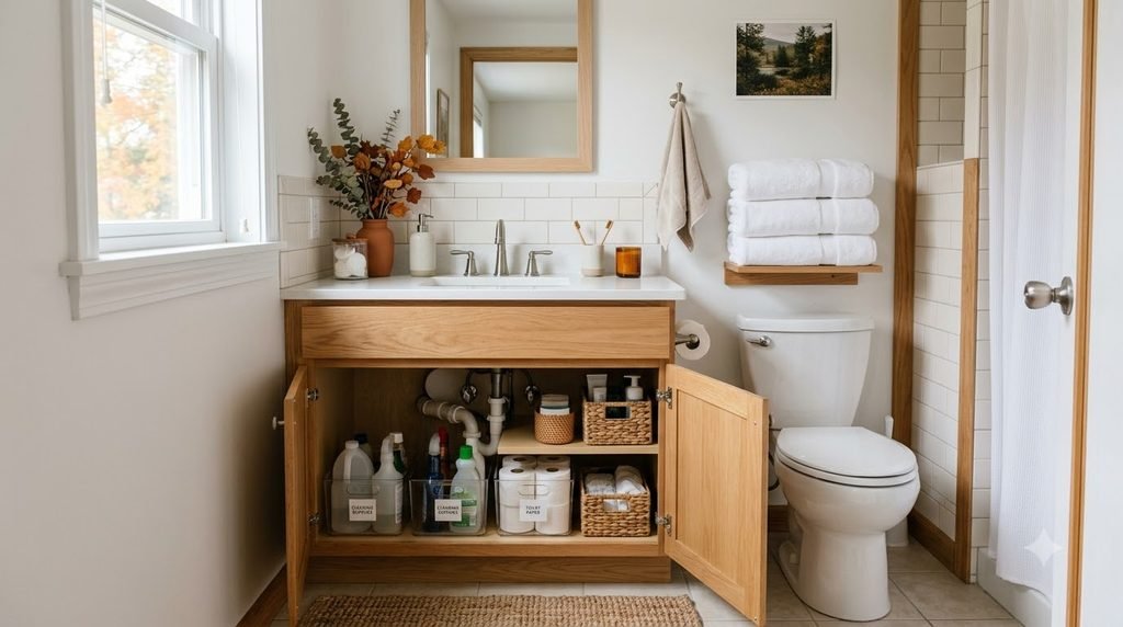 Organized small bathroom with tidy under-sink storage