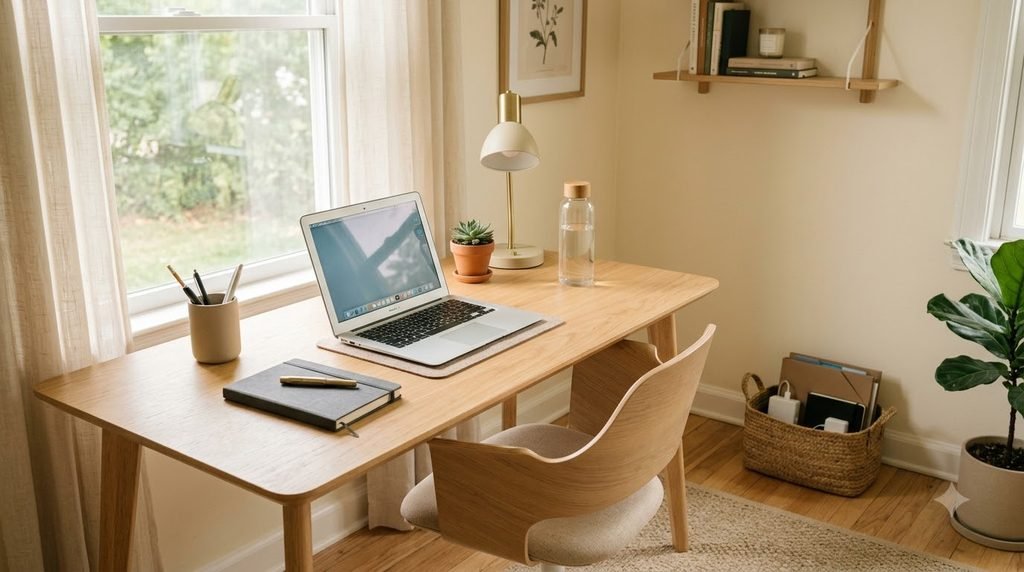 decluttered small home office desk with only essential work items