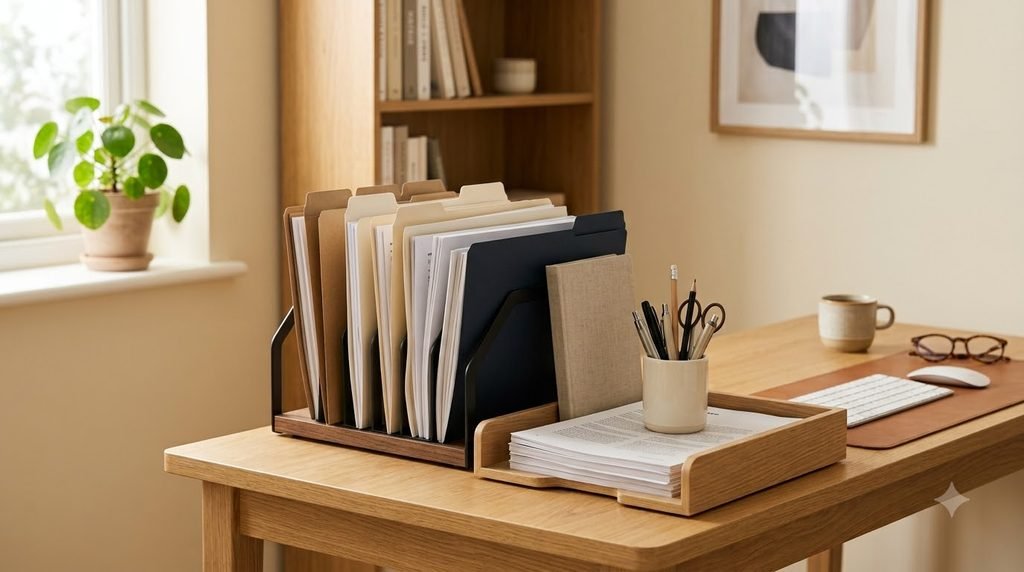 organized paperwork station in a small home office