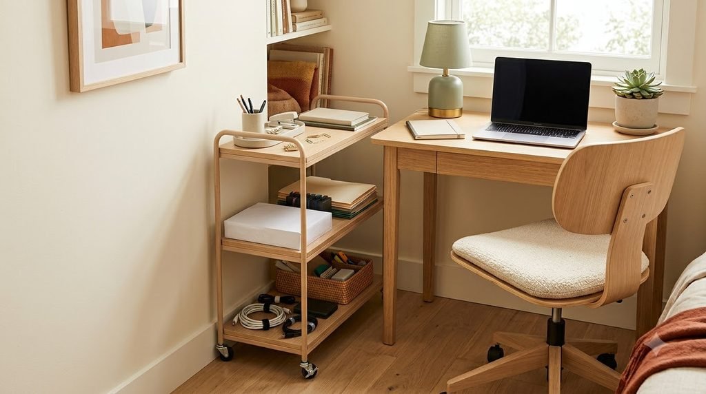 slim rolling cart used for extra storage beside a small home office desk