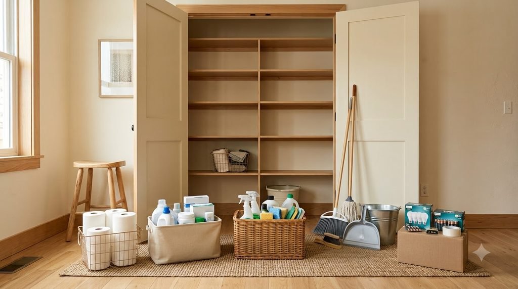 utility closet items sorted into categories before organizing