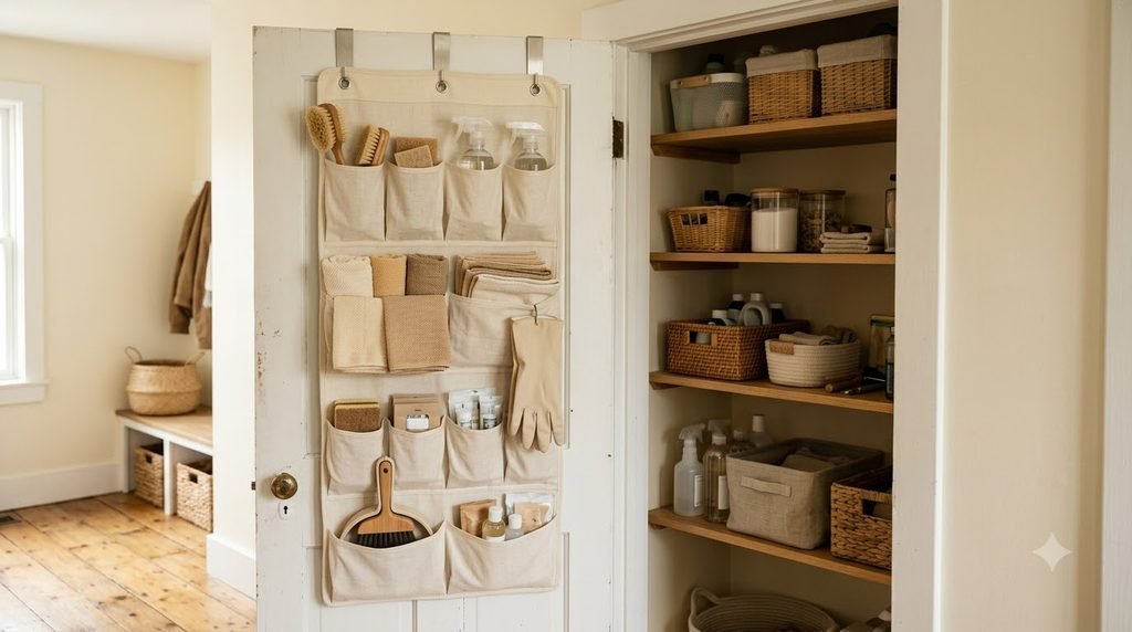over-the-door organizer adding storage inside a utility closet