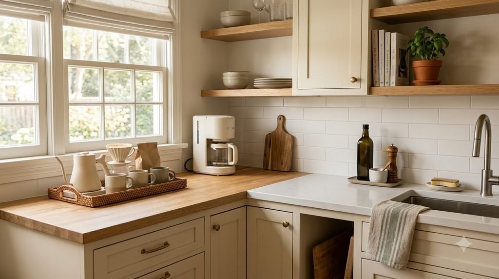 small kitchen counter with a defined zone for everyday essentials and no random clutter