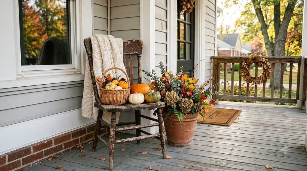 Old chair repurposed as fall porch decor
