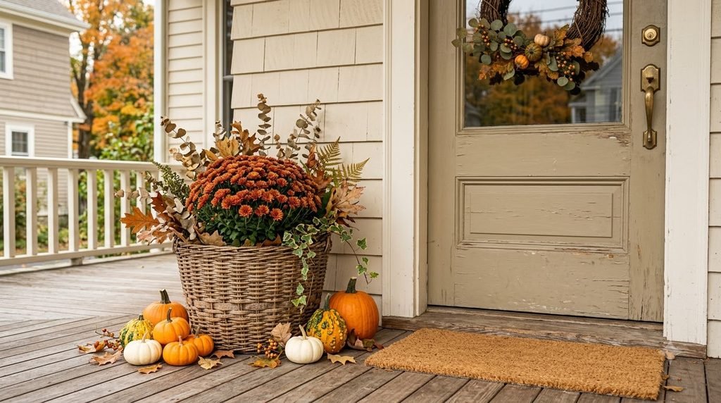 Old basket turned into an inexpensive fall porch planter