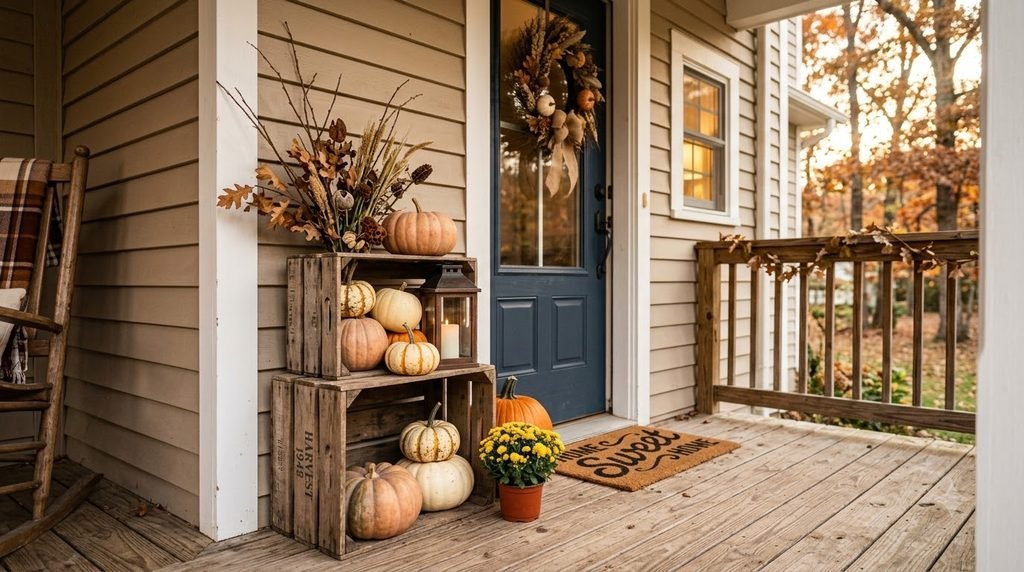 Cozy fall front porch decorated on a small budget