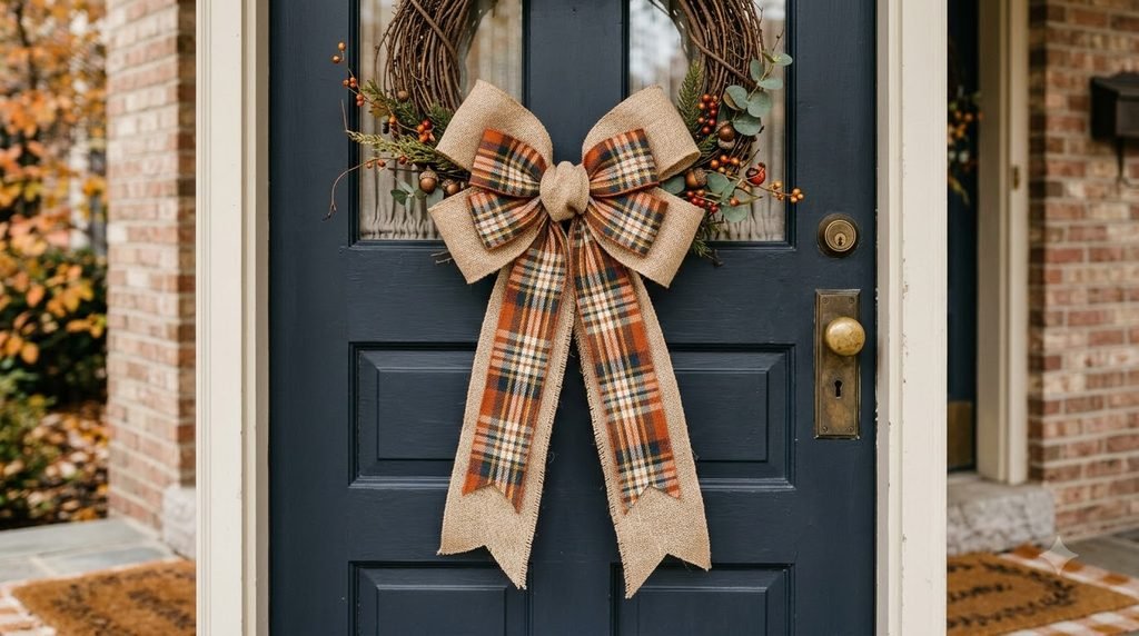 DIY fall bow decorating a front door