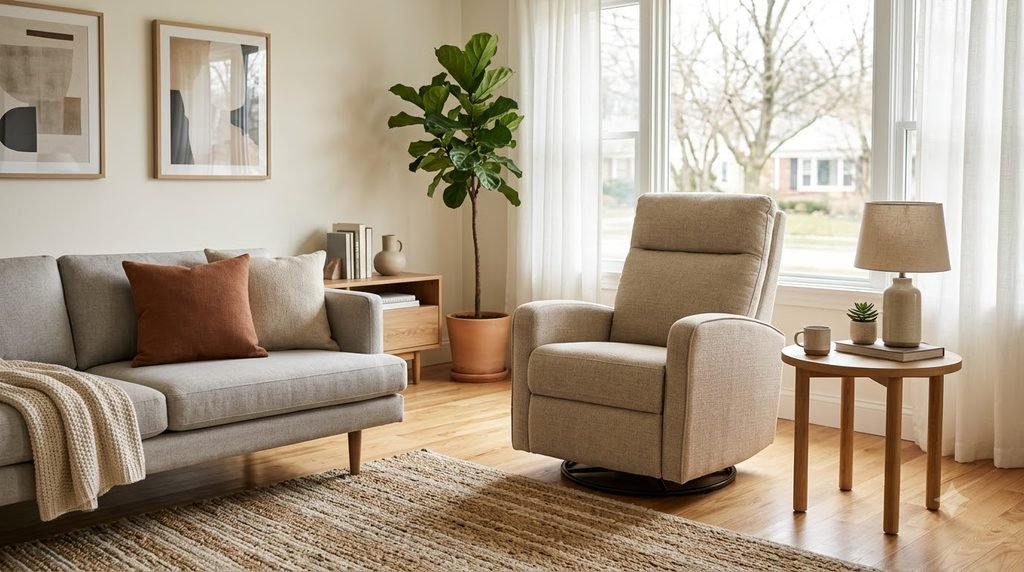 Swivel rocker massage recliner in a small living room