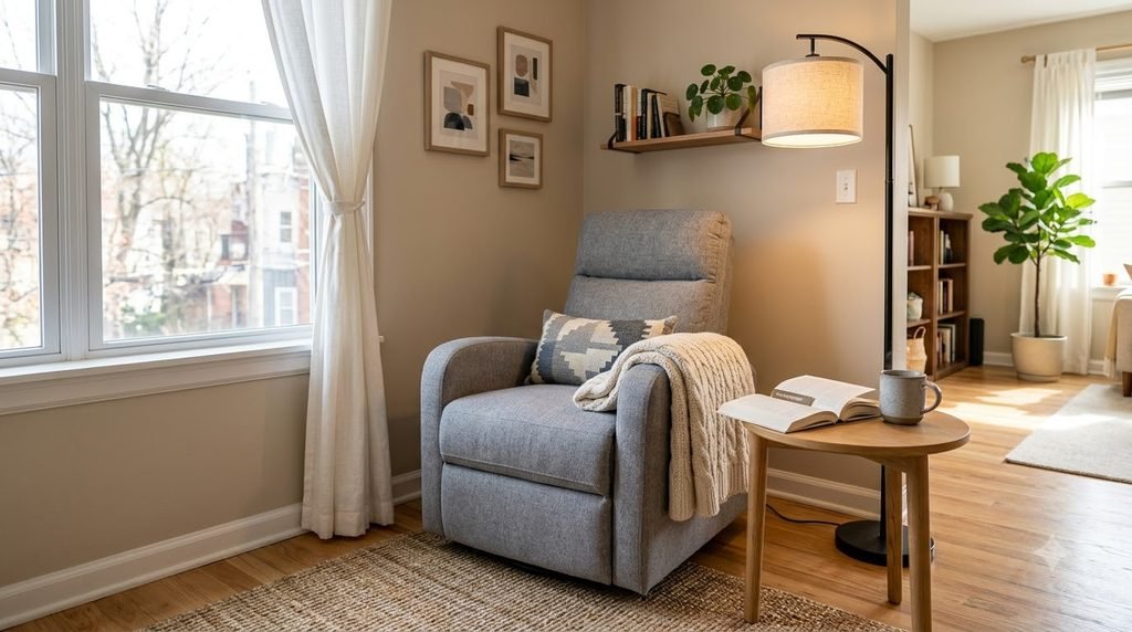 Compact fabric massage recliner for a small apartment