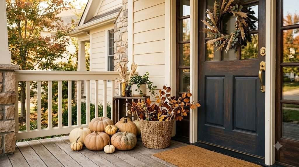 Simple budget-friendly fall pumpkin display on a front porch