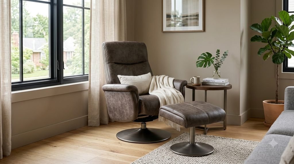 Compact swivel recliner with ottoman in a small living room