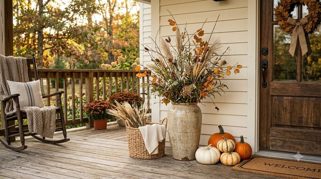 DIY fall branch arrangement in a porch planter