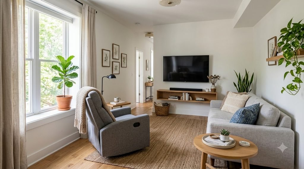 Compact recliner designed for a small apartment living room