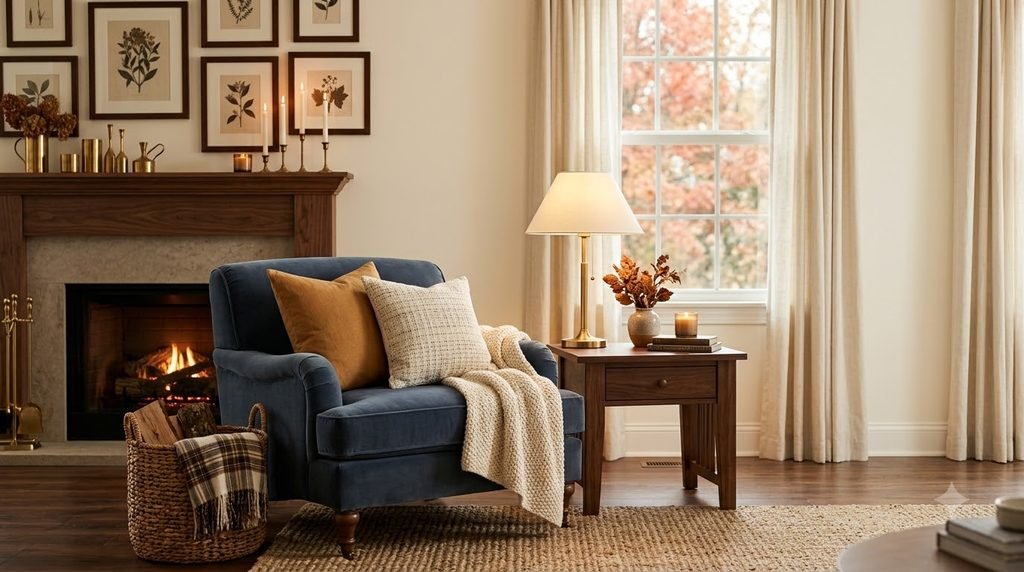 Cozy blue fall home decor with warm wood and brass