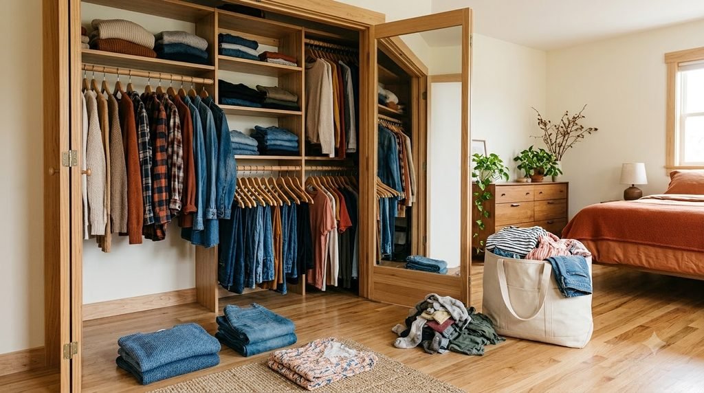 seasonal summer clothes stored neatly under a bedroom bed