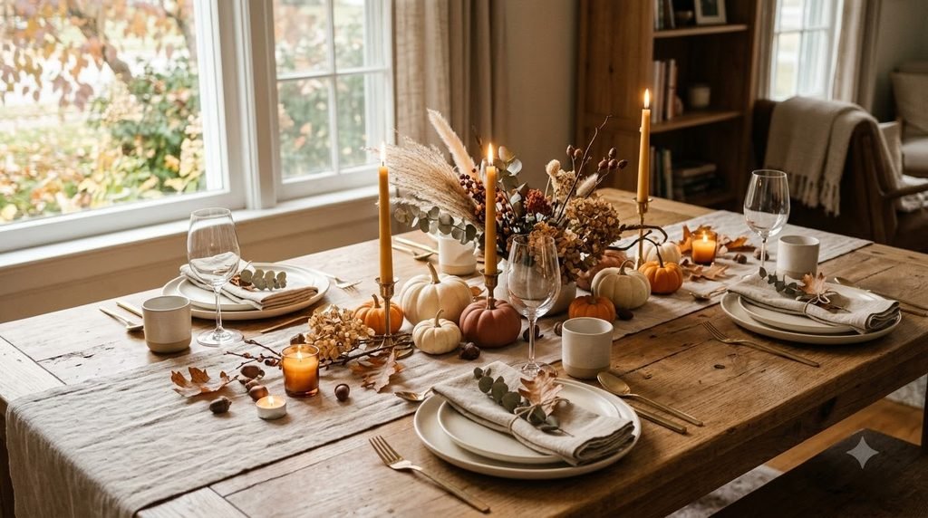 Budget-friendly Thanksgiving dining table with linen napkins, pumpkins, candles and a simple autumn centerpiece.