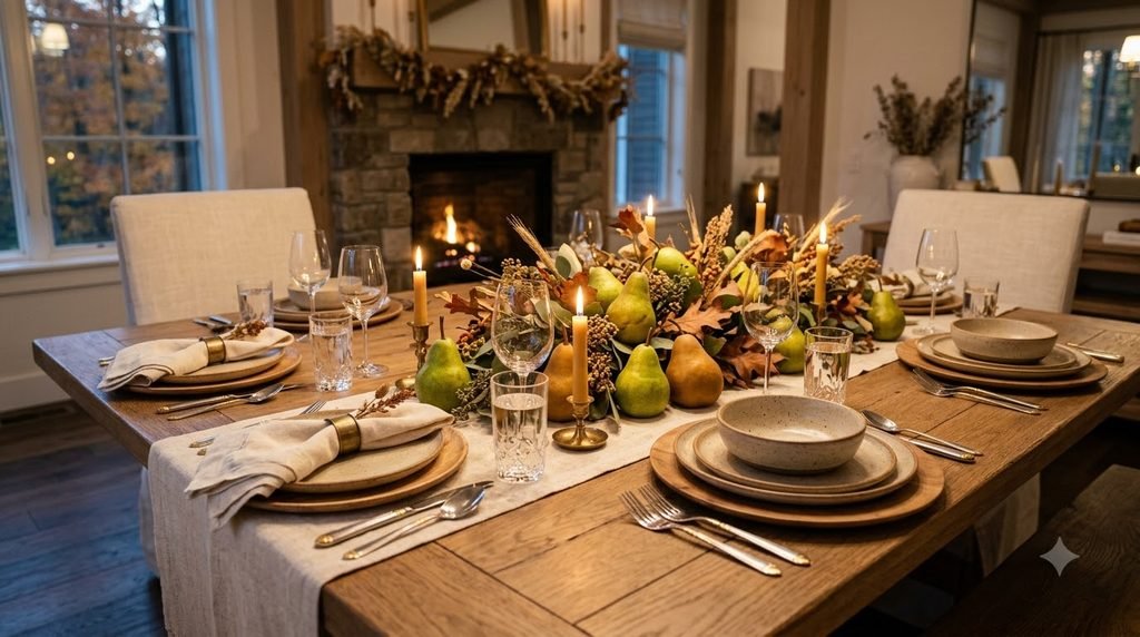 Thanksgiving table decorated with pears, cream linens, candles, and natural autumn accents
