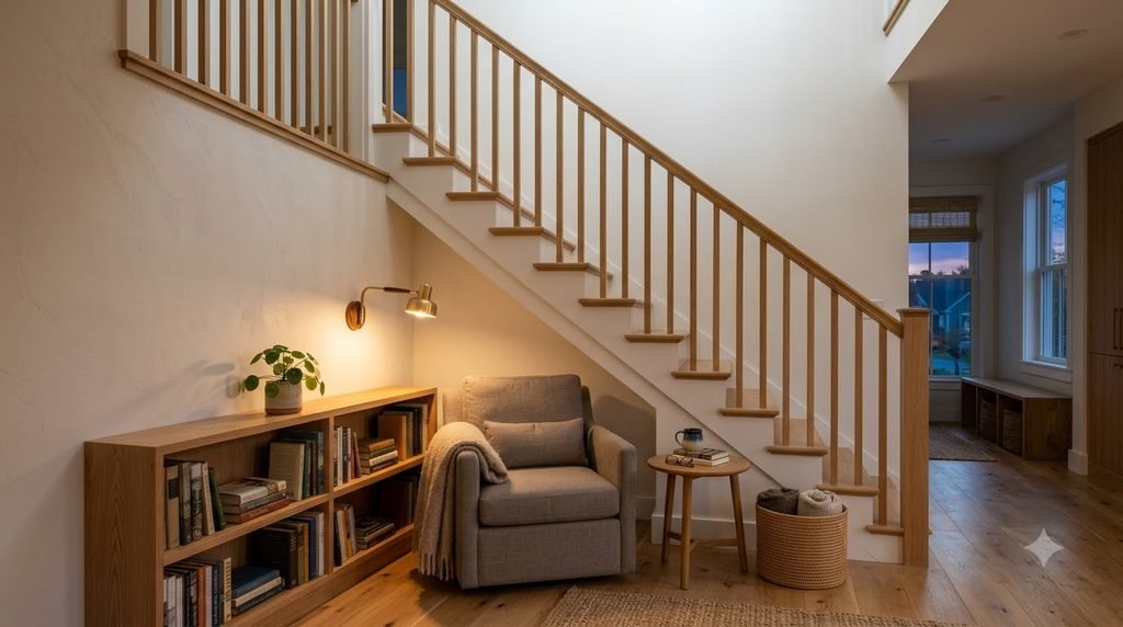 Under-stairs reading nook with a compact armchair, warm wall light, small bookshelf and cozy neutral decor.