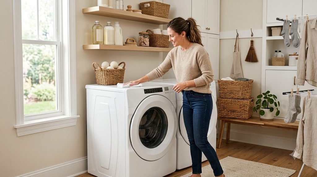 Woman cleaning a small laundry room and wiping the washer and dryer