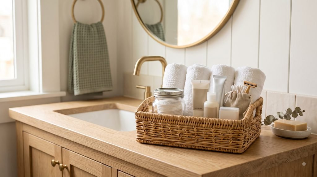 Small woven guest bathroom basket with folded washcloths, travel toiletries, and neatly arranged essentials.