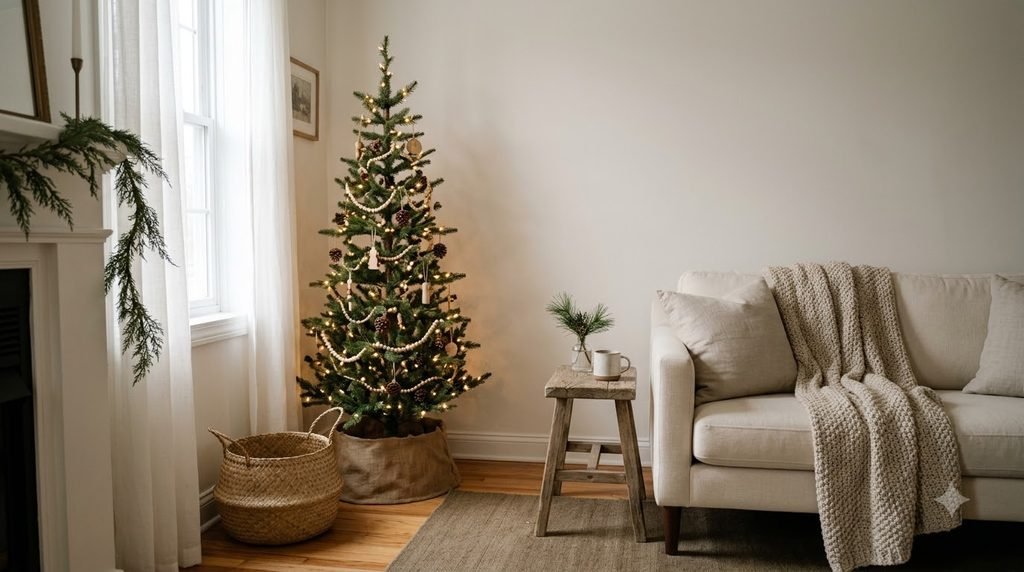 Rustic Christmas decor ideas for a small apartment with a slim tree, wooden ornaments, warm lighting, and space-saving furniture.